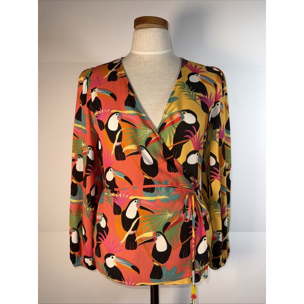 Farm Rio Anthropologie Womens Rainforest Bird Wrap Blouse Size S Colorful Resort